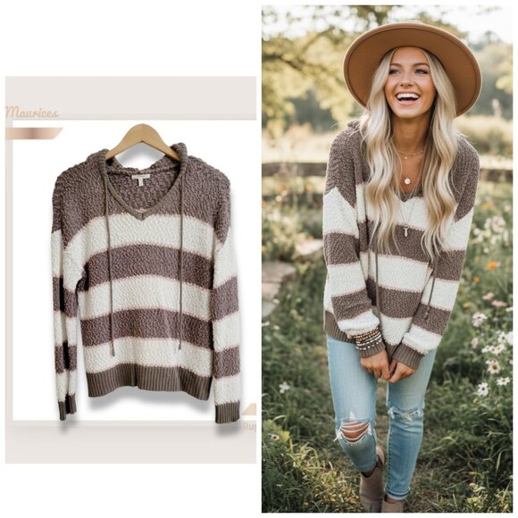 🌿Maurices Women's Small Striped Boho Knit Hoodie Sweater 🌻 - Picture 1 of 12
